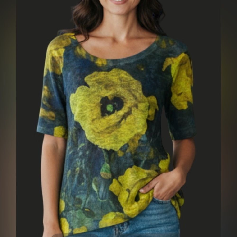 Nally & Millie | Yellow & Blue Floral Short Sleeve Top | Hi Low hem NWT S